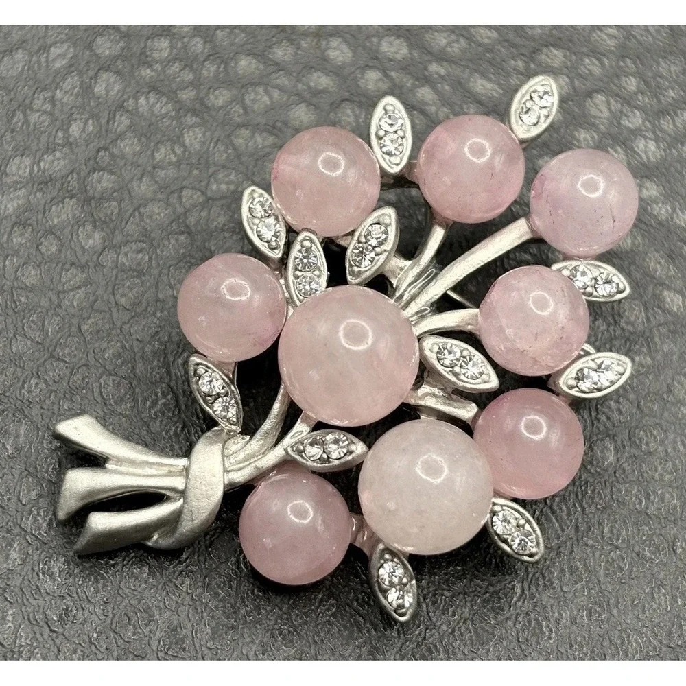 Vintage Style Pink Glass Cluster Rhinestone Brooch Pin Silver Tone